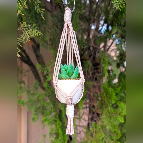 Macrame Rearview Mirror Car Charm Plant Hanger With Artificial Succulent - Picture 1 of 4